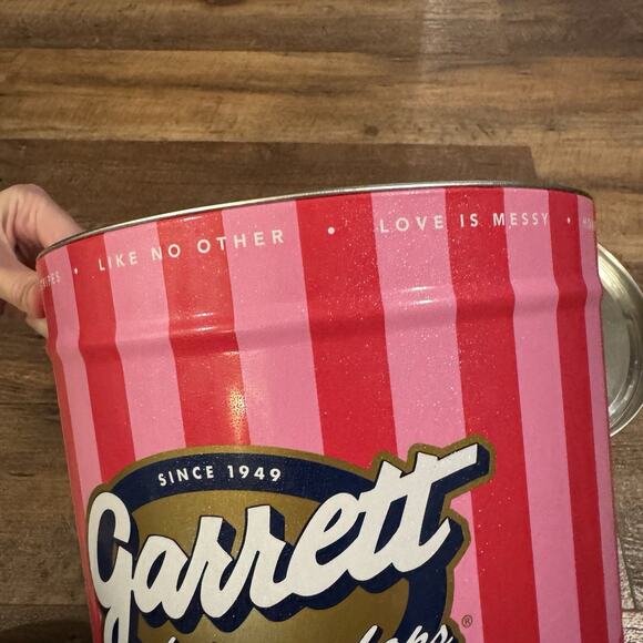 Garrett Popcorn Shops Tin Empty Pink Stripes 7" Tall 9" Diameter Chicago - Picture 10 of 13